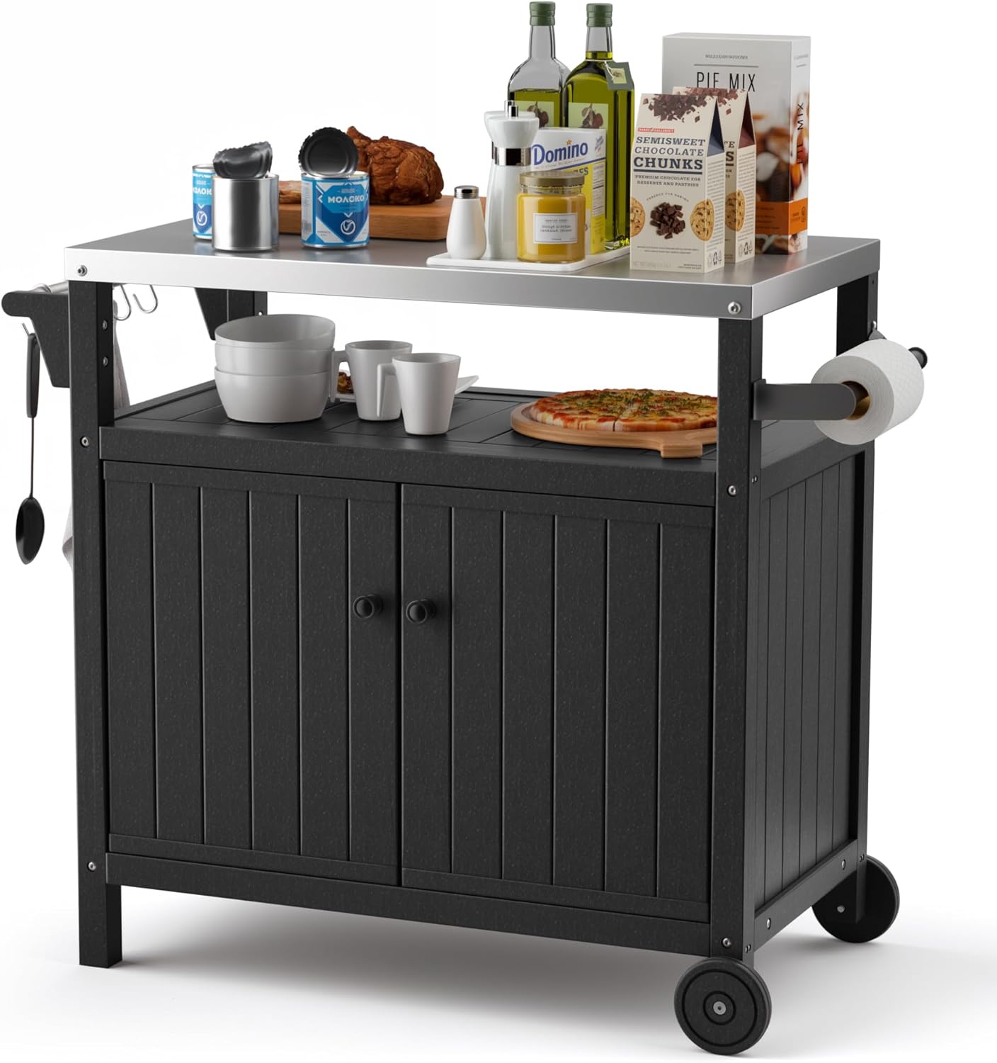 TORVA Portable Outdoor Grill Prep Table with Storage, Waterproof Outdoor Grill Cabinet, Stainless-Steel Tabletop Outdoor Kitchen Island, BBQ Cart with Wheels, Hooks and Side Shelf | Black