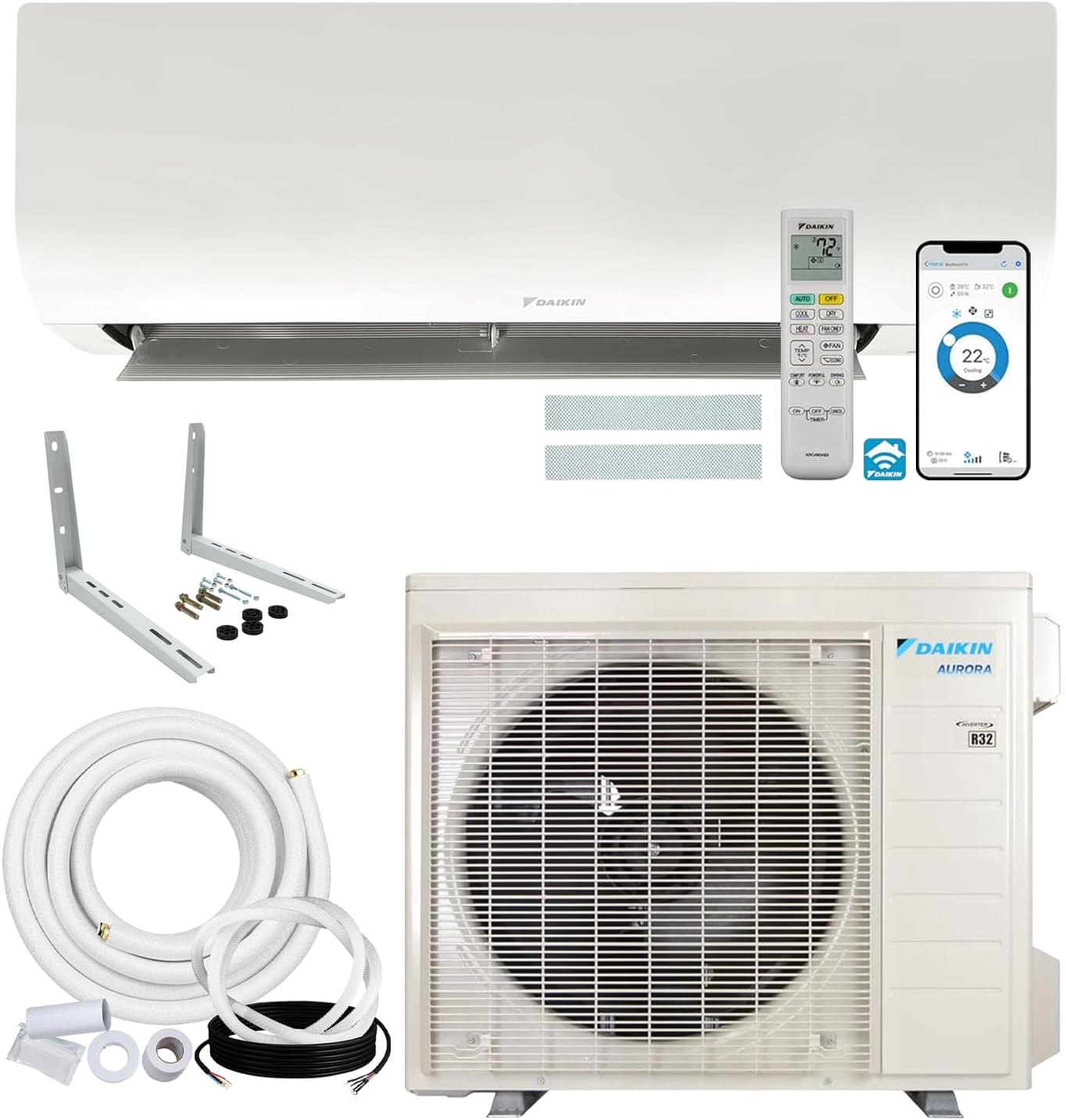 Daikin 12,000 BTU 19.5 SEER2 Aurora Low Ambient Ductless Mini Split Air Conditioner Heat Pump with Maxwell 15 ft. Installation Kit and Bracket - Wi-Fi Enabled R32