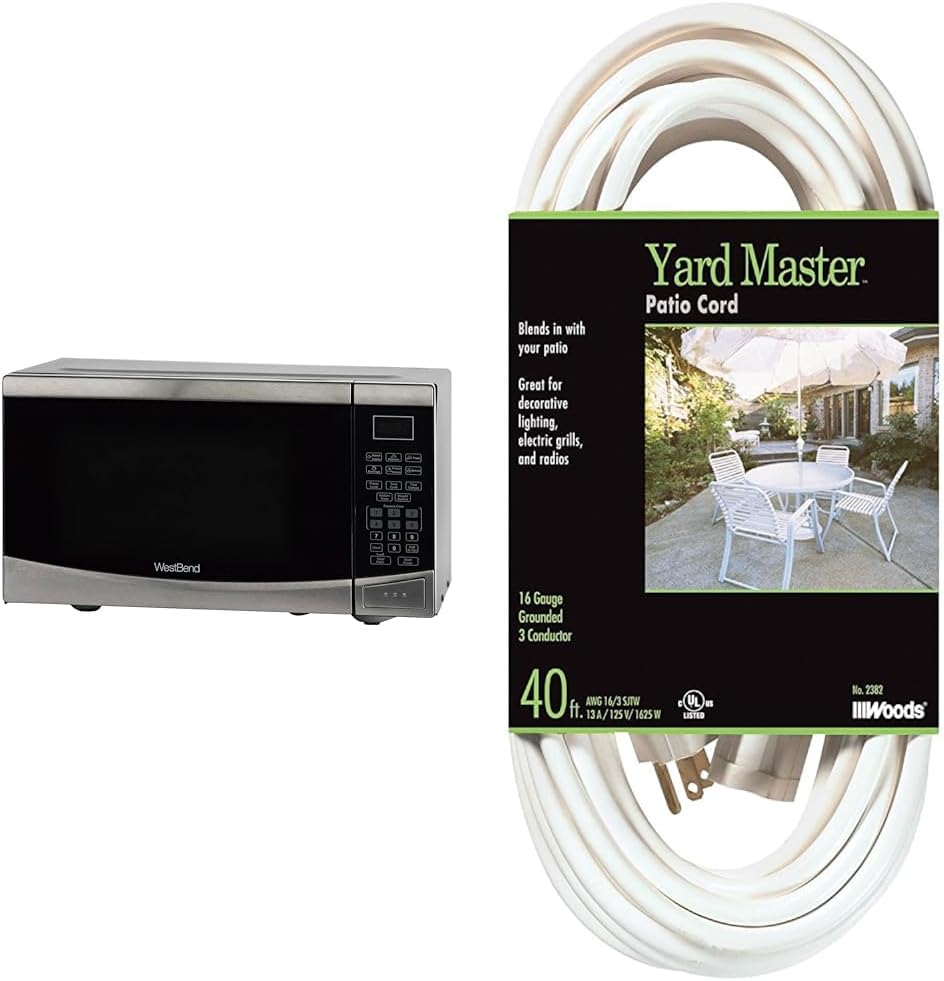 West Bend 0.9 Cu Ft 900W Microwave & Woods 40' 16/3 White Extension Cord with 3 Outlets