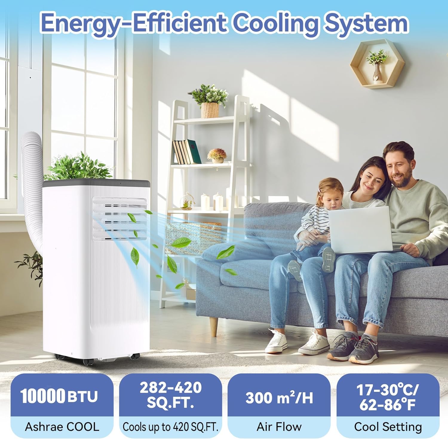 10000 BTU Portable Air Conditioner, Portable AC Unit with Cooling, Dehumidifier and Fan Functions, Cools Up to 560 Sq. Ft., Remote Control, LED Display Included, Gray Top