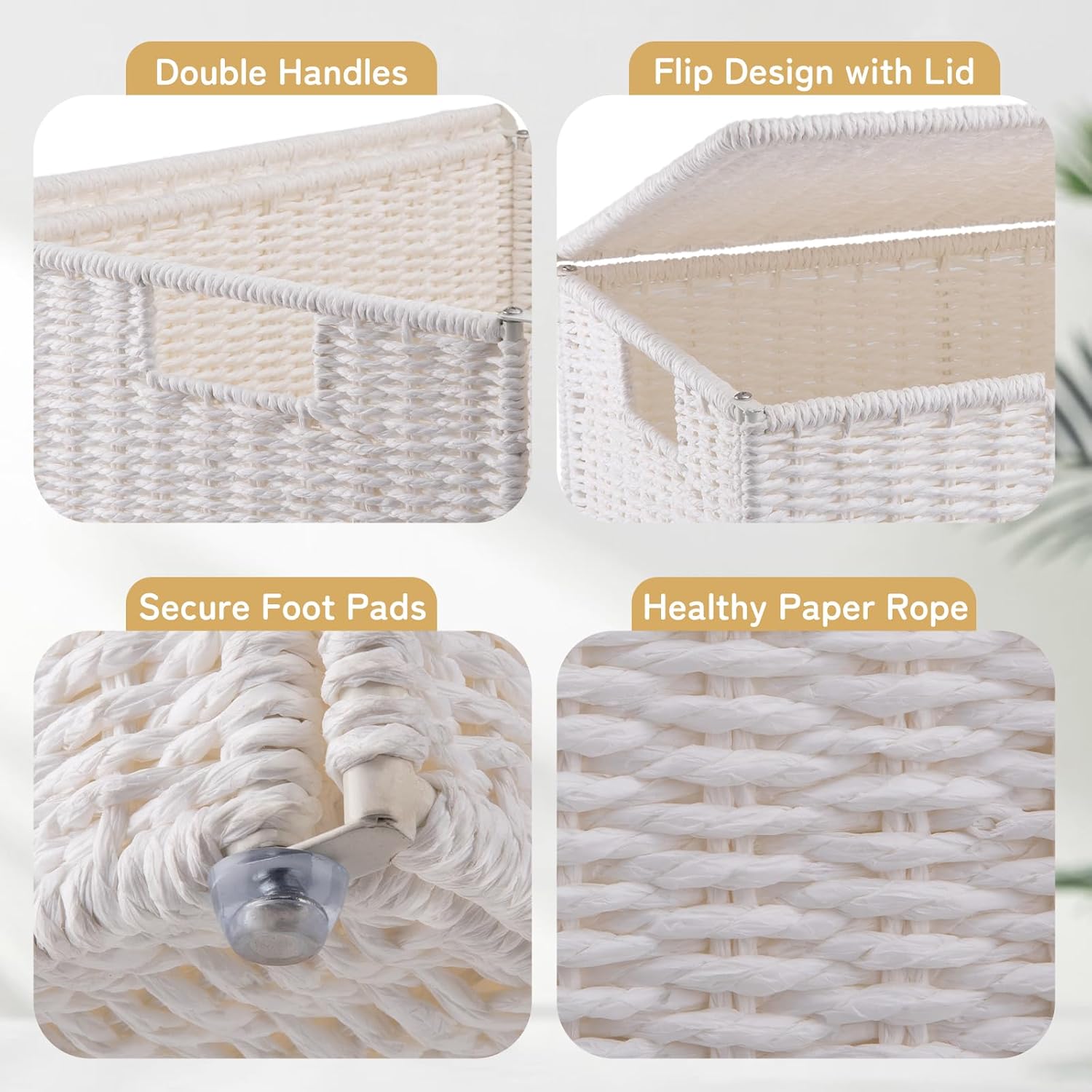 OIAHOMY Laundry Hamper with Lid, 23.8 Gal (90L) Wicker Hamper with Removable Liner Bags, Handwoven Clothes Basket with Handles, Foldable Woven Paper Rope Basket for Laundry Room, Bedroom-White