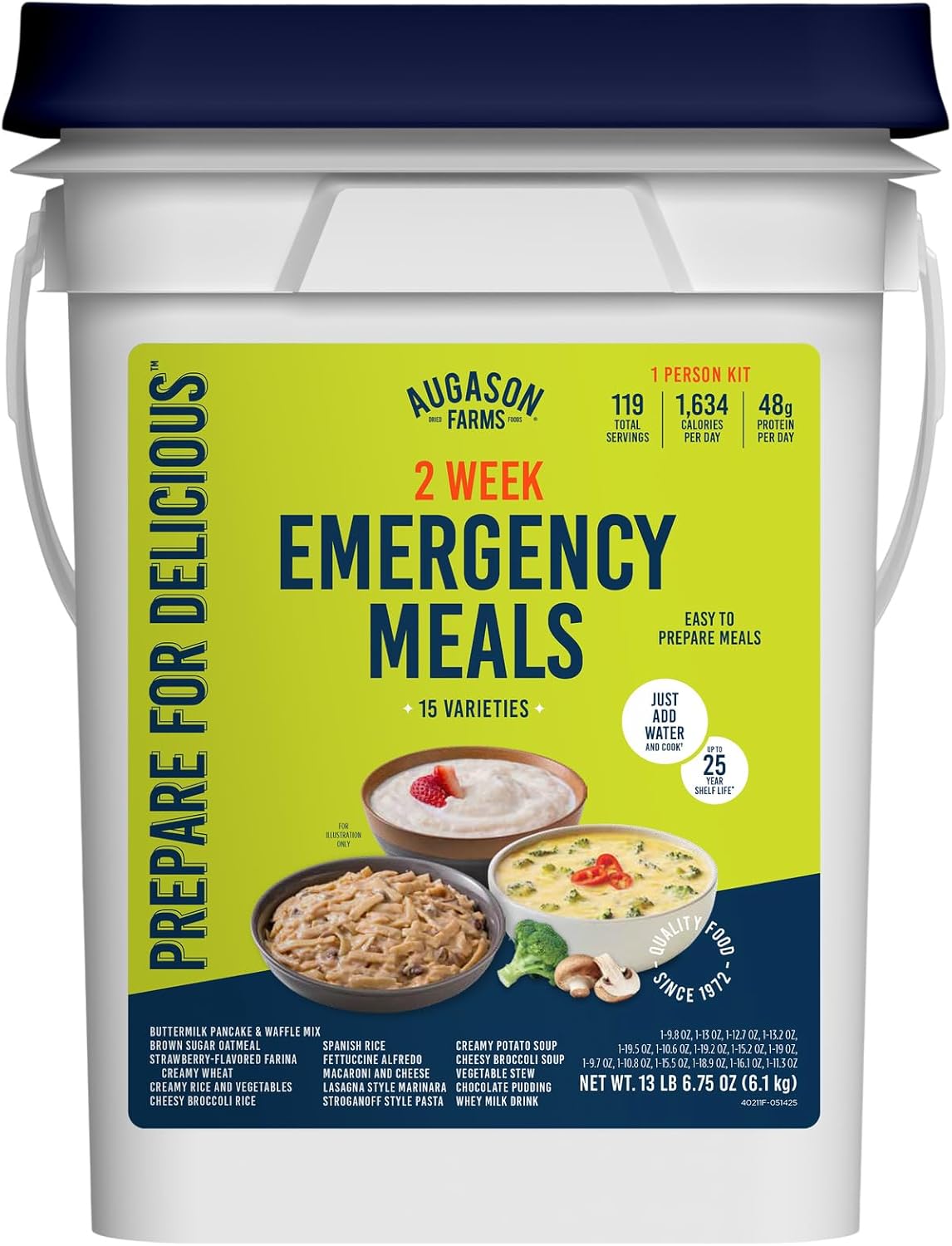 Augason Farms 2 Week Emergency Food Supply Kit, Dehydrated Meal Survival Food Bucket for 1 Person - 119 Servings