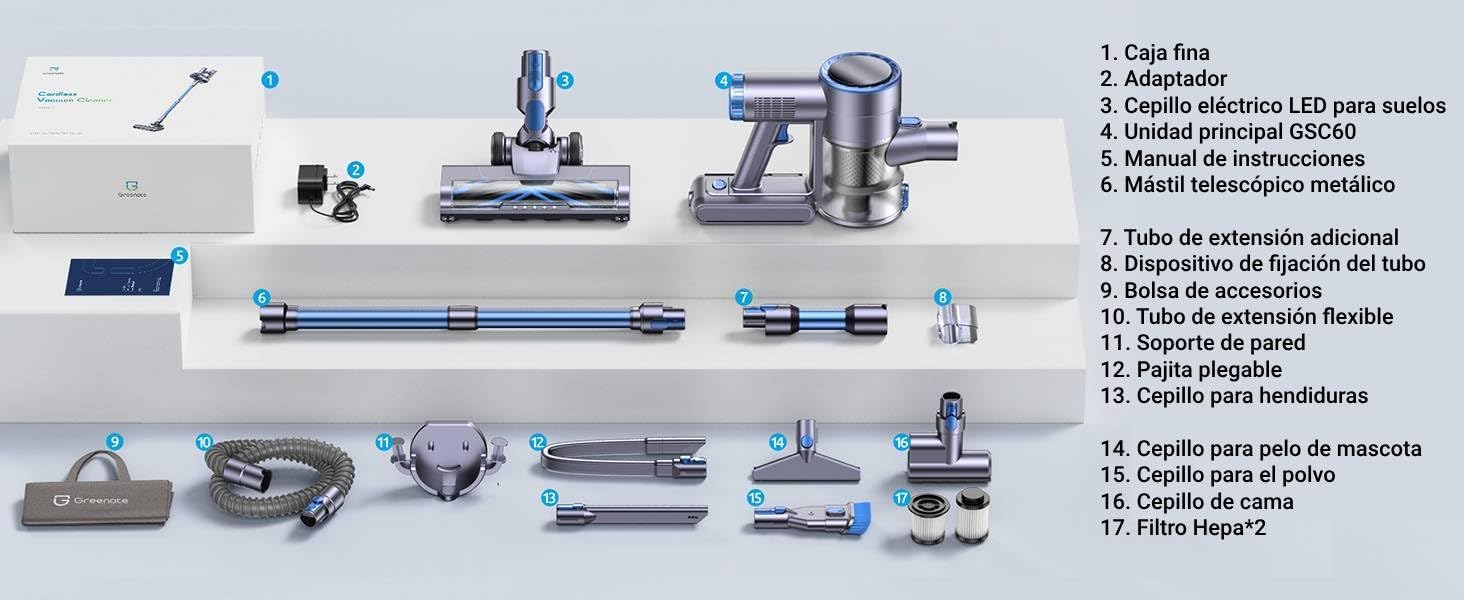 Greenote GSC60 Cordless Vacuum Cleaner 33KPA, 10-in-1 Multi-Accessory Vacuum Cleaner, Up to 40 Minutes Runtime, Control Display, with Bed Brush, Flexible Extension Hose, Large Dust Container