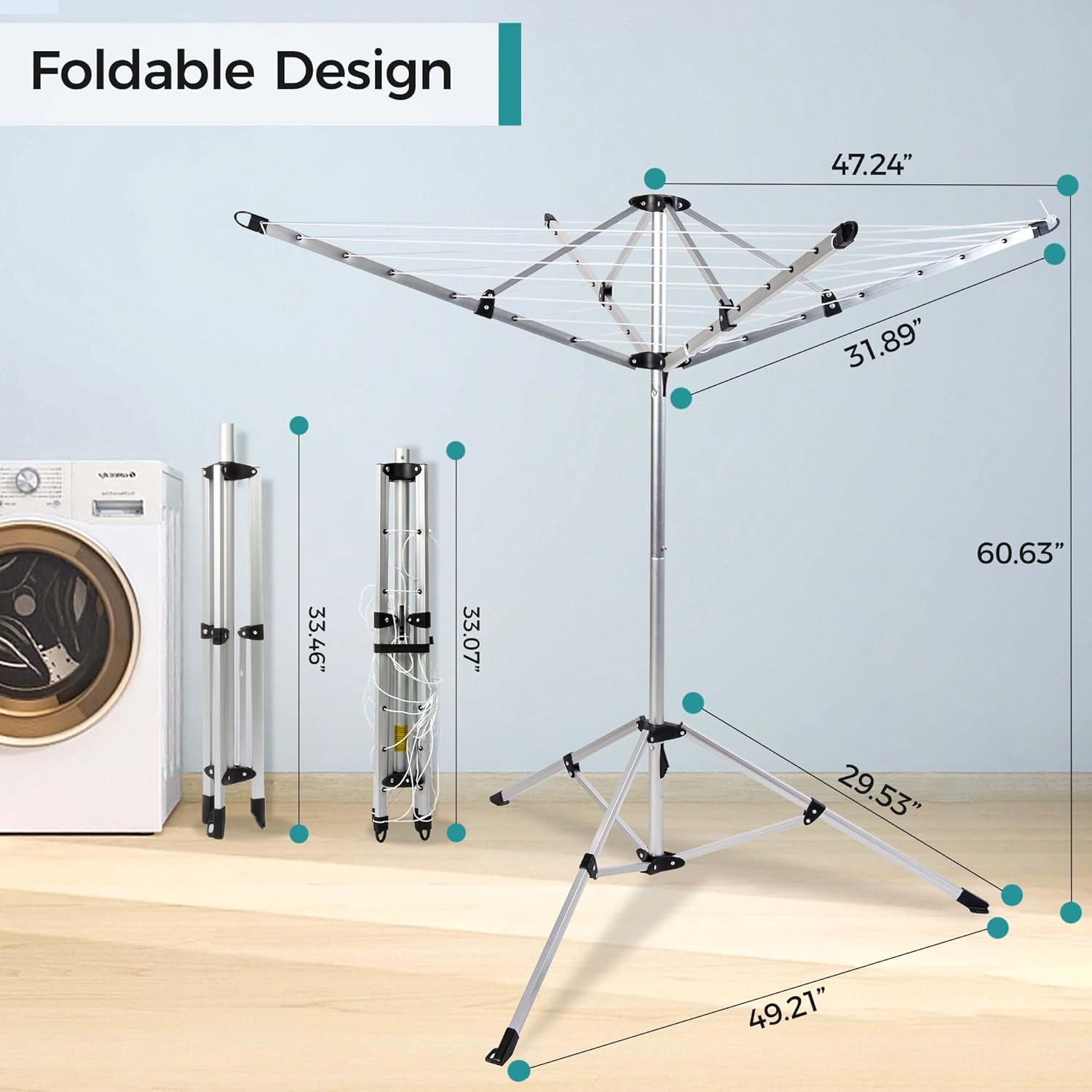 Umbrella Drying Rack, Retractable Outdoor/Indoor Drying Rack, 65 ft Long Clothesline, Portbale Clothing Dryer Rack for Laundry Room Garden, with 3 Legs
