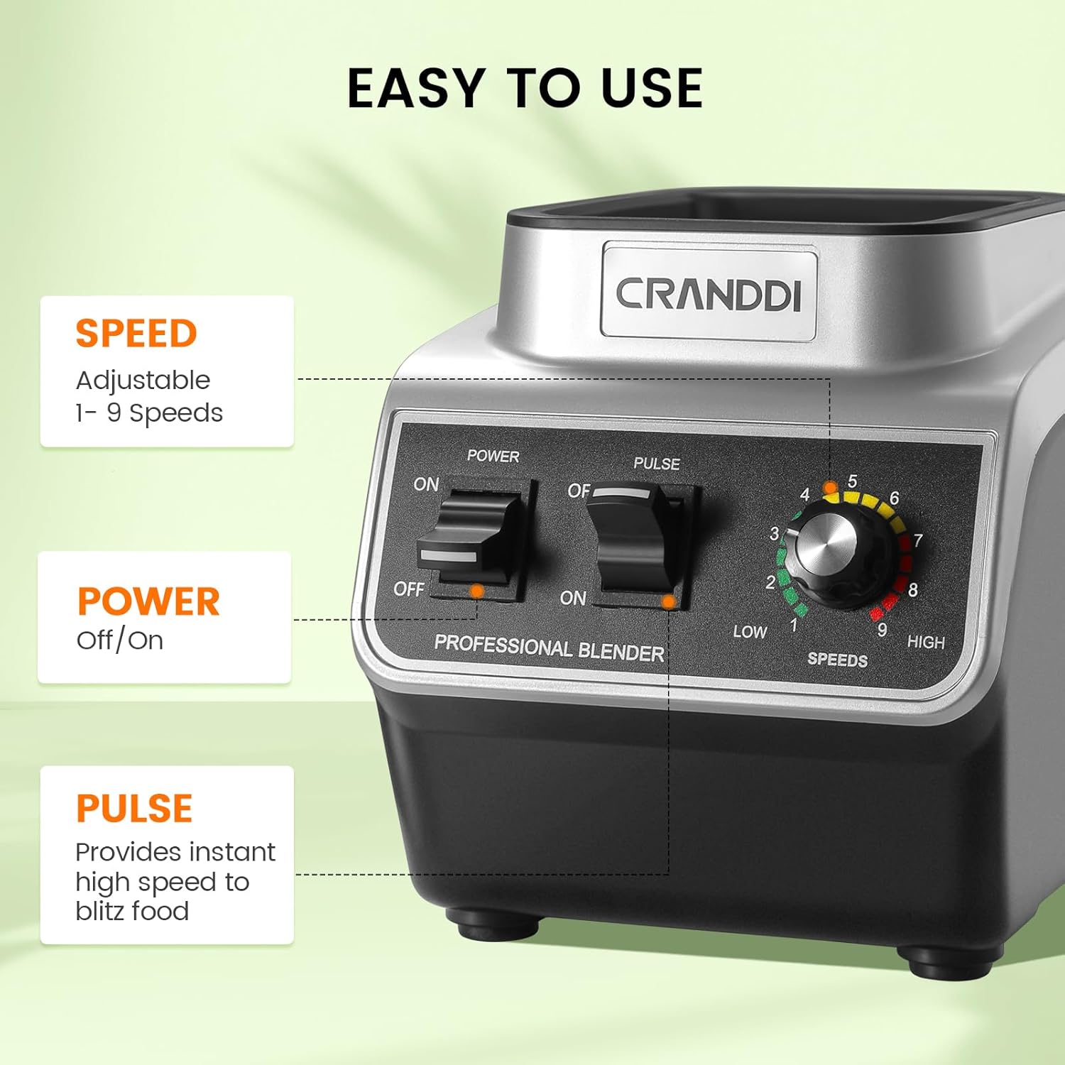 CRANDDI Professional Commercial Blender, Max 1500W, 80oz Pitcher, Powerful Blender with Tamper for Smoothie, Ice Crushing, Variable 9 Speeds Control,110V, K96, Black