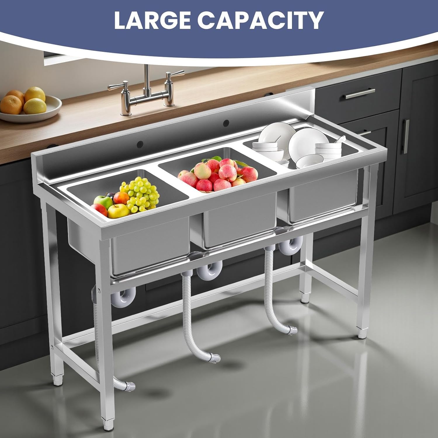 51'' Triple Bowl Stainless Steel Sink, Free-Standing Kitchen Appliances Sink with Hose Hook Up, Commercial Slop Sinks for Farmhouse, Outdoor, Laundry Room & Garage (Triple Bowl)
