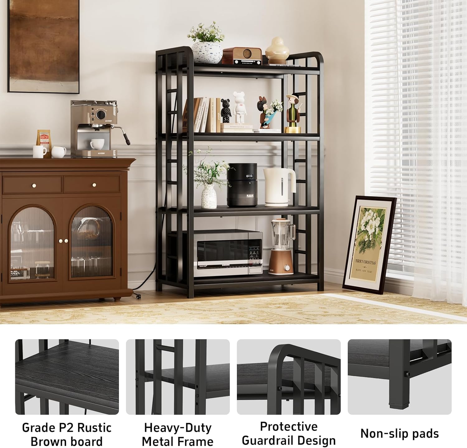 Adjustable 4-Tier Kitchen Baker's Rack, Microwave Oven Cart Stand, Heavy Duty Organizer Rack for Storage in Living Room, Garage, Home and Office, Black