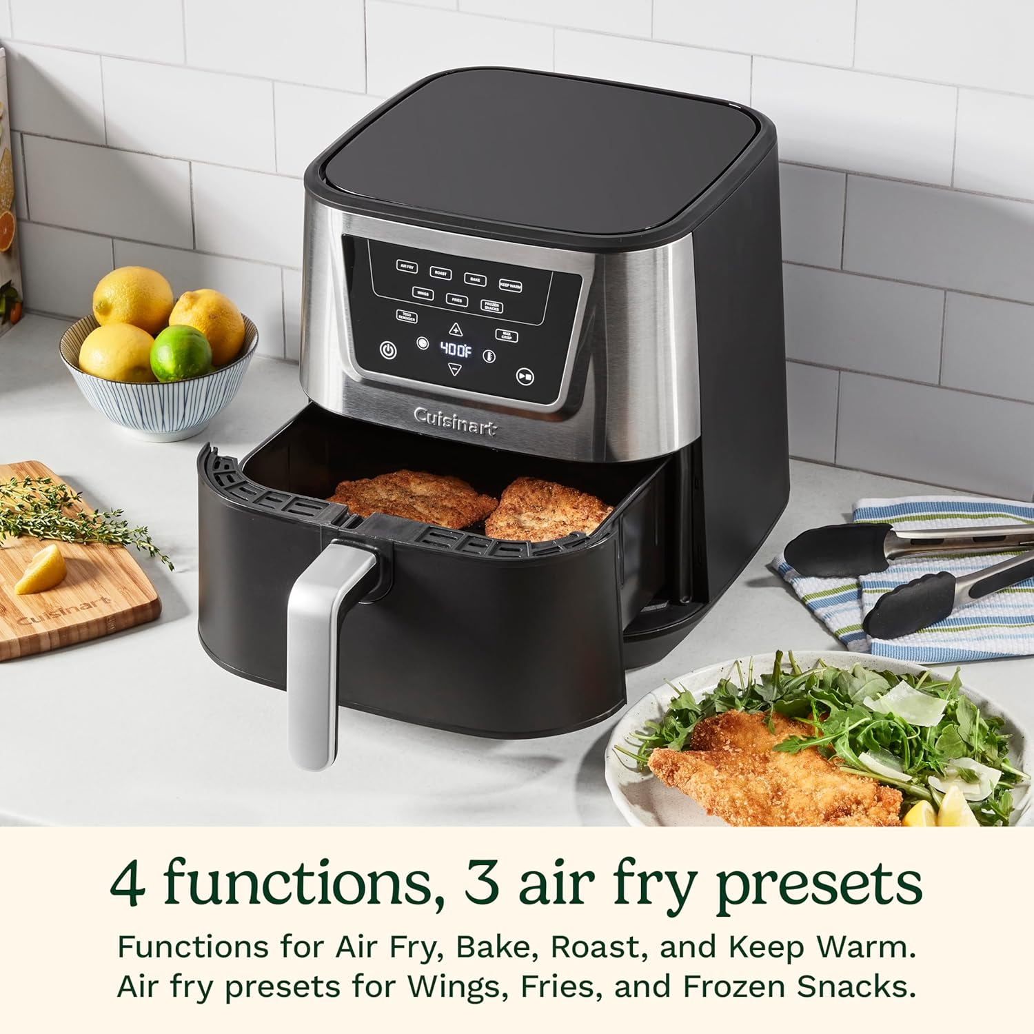 Cuisinart Air Fryer, Large 6-Quart Basket with 4 Cooking Functions to Air Fry, Bake, Roast, and Keep Warm, 3 Presets, PFAS-Free, Dishwasher-Safe Parts, AIR-180, Black & Stainless Steel