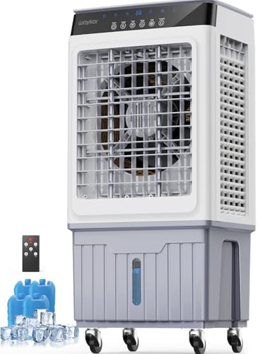 Waykar Swamp Cooler, 4800 CFM Evaporative Air Cooler with 6 Gals Water Tank, 1200 Sq.Ft. Portable Air Conditioner with 4 Ice Pack, 120°/60°Oscillation, 3 Models for Garage, Yard, Commercial Use