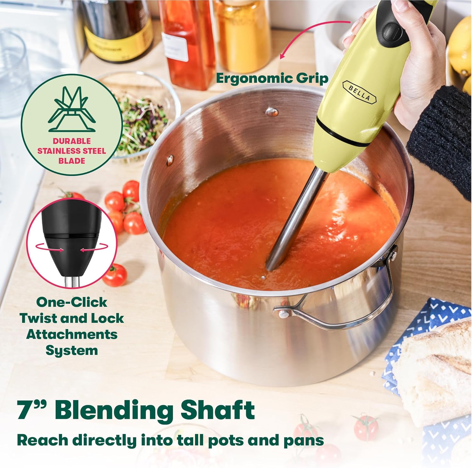 BELLA 2-Speed Hand Immersion Blender with Whisk Attachment, 250 Watt, Yellow, Immersion Blender with Dishwasher Safe Whisk & Blending Attachments for Food Prep (17577)