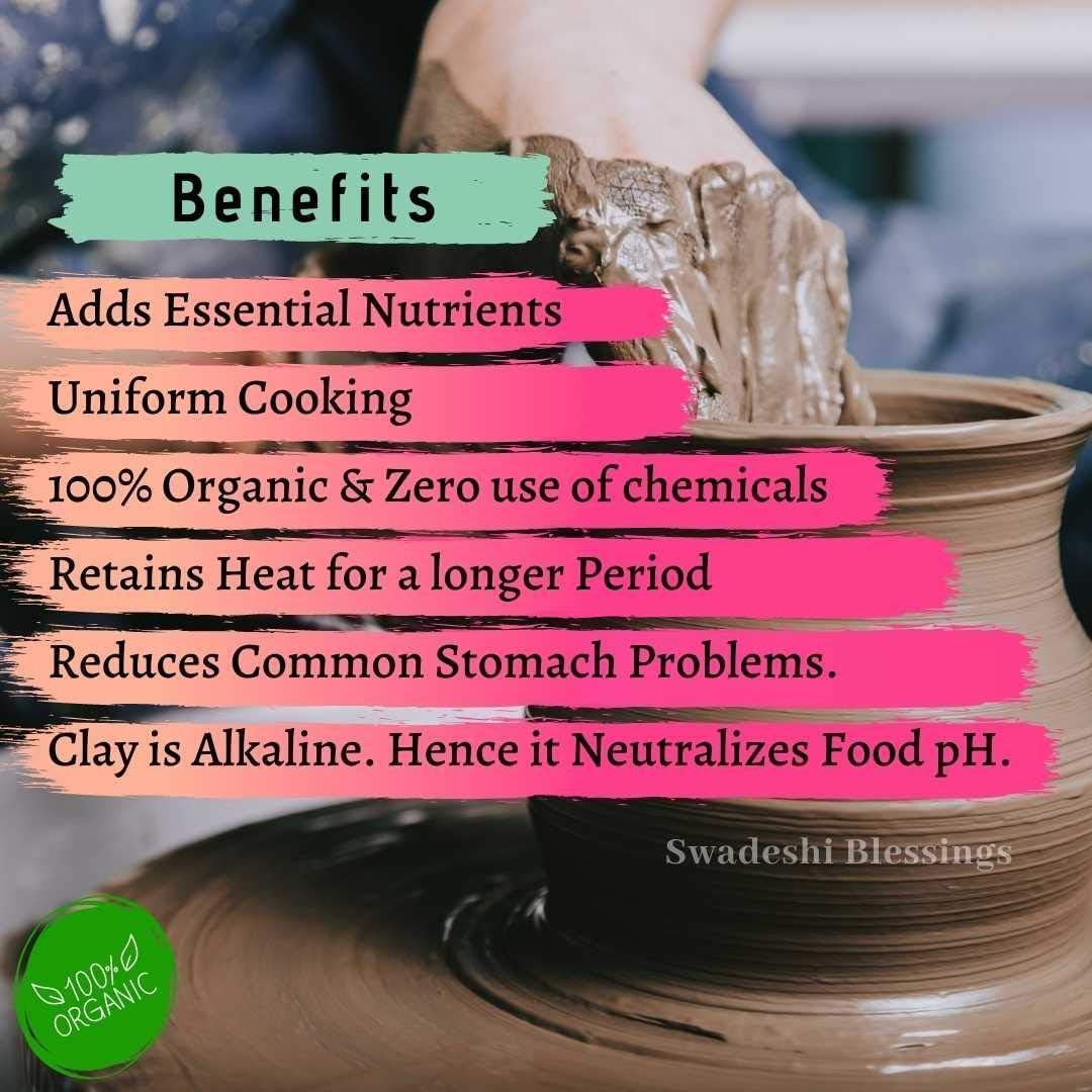 Swadeshi Blessings HandMade Exclusive Range Unglazed Clay Handi/Earthen Pot for Cooking with Lid (4 LTR, Black) (with Natural Firing Shade & Stone Finished Mirror Shine) + Free Palm Leaf Stand