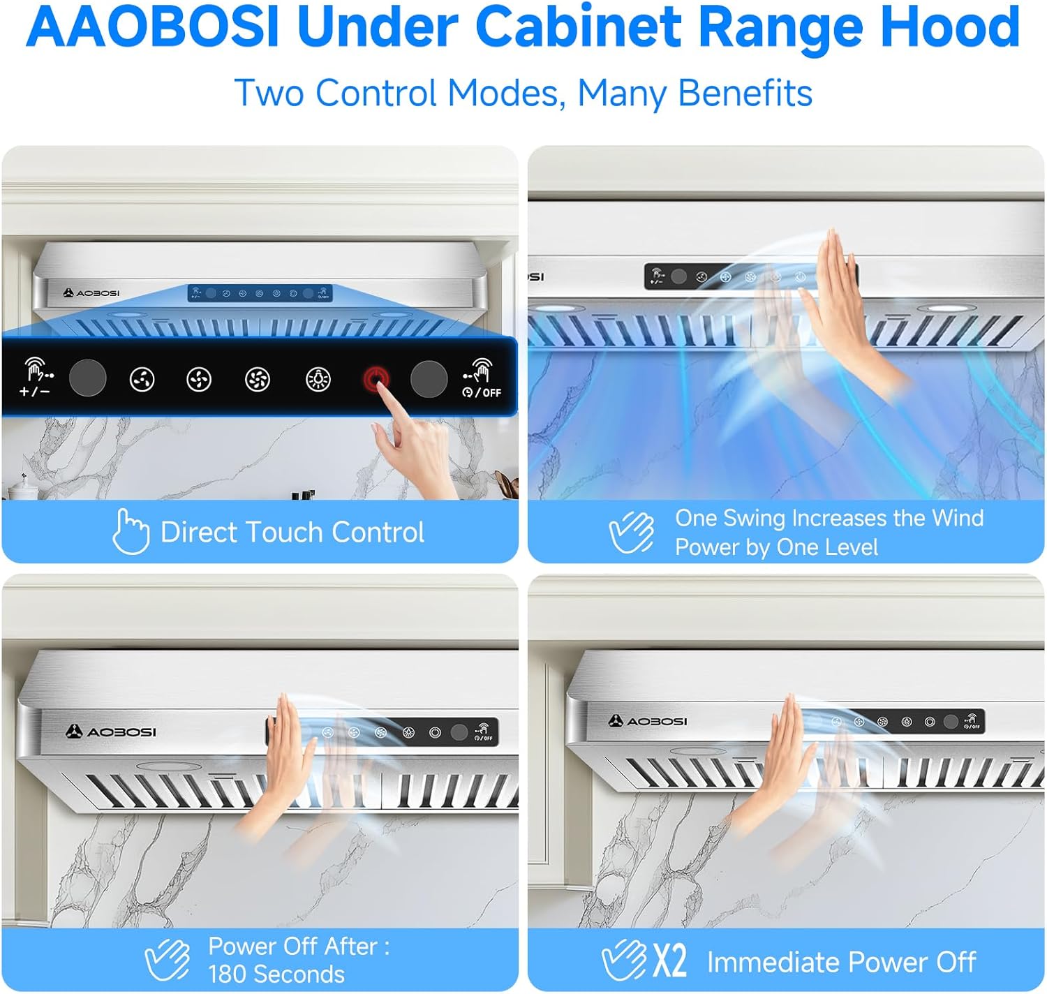 AAOBOSI Range Hood 30 inch Under Cabinet,700-CFM Gesture Sensing/Touch Control/Motor Upgrade Low Noise,3 Speed Range Hood with LED Lights Exhaust Fan, Stainless Steel Kitchen Vent Hood