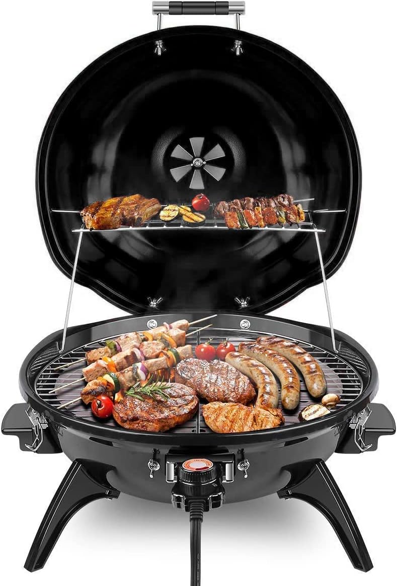 Electric BBQ Grill Techwood 15-Serving Outdoor Electric Grill for Party, Patio & Backyard, Double Layer Design, Portable Removable Stand Grill, 1600W (Countertop Black BBQ Grill)