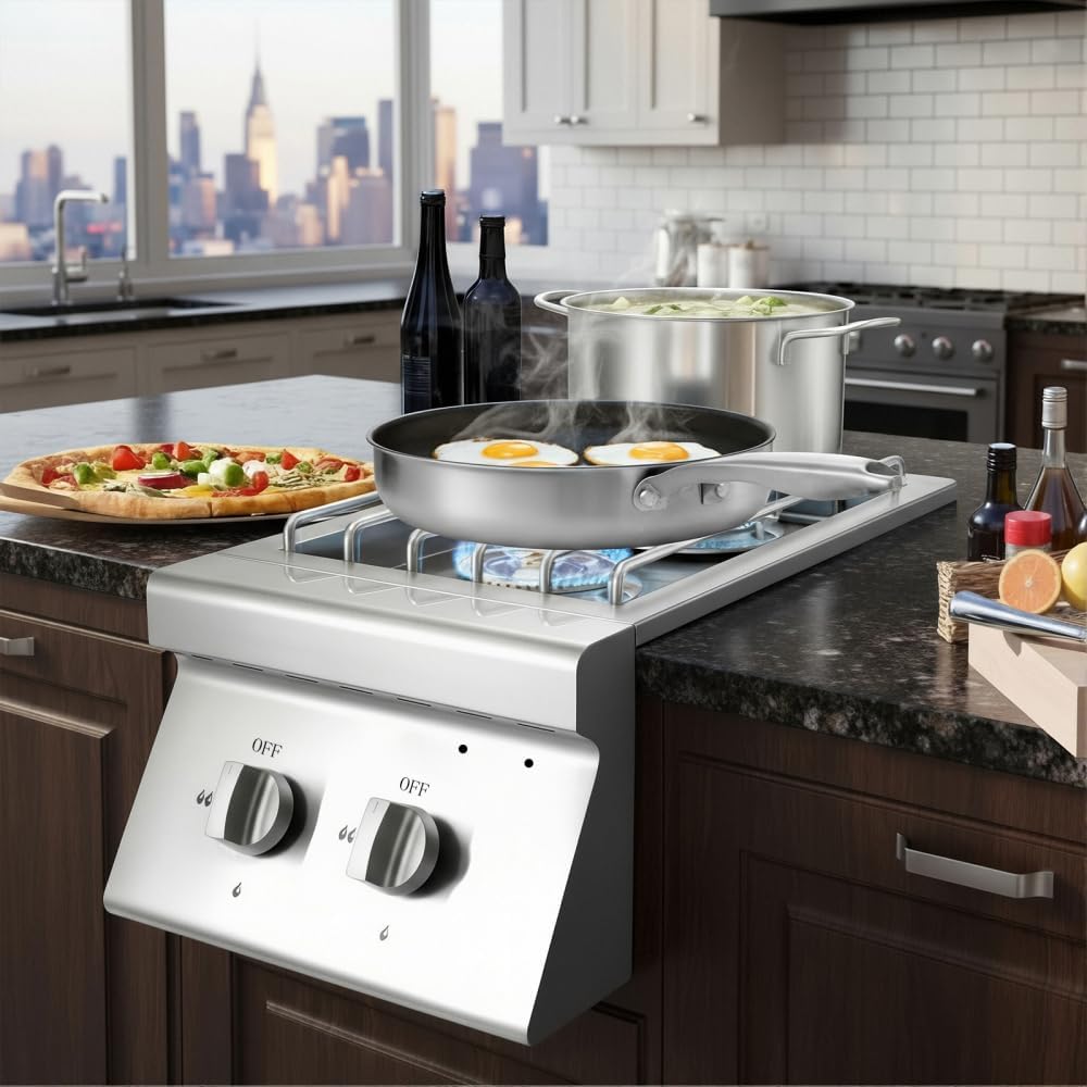 Double Grilling Side Burners, 2 x 15,000BTU Liquid Propane Side Burner for Outdoor Kitchen, Convertible to Natural Gas, 304 Stainless Steel Built-in Double Grill Burners for BBQ Grill Island