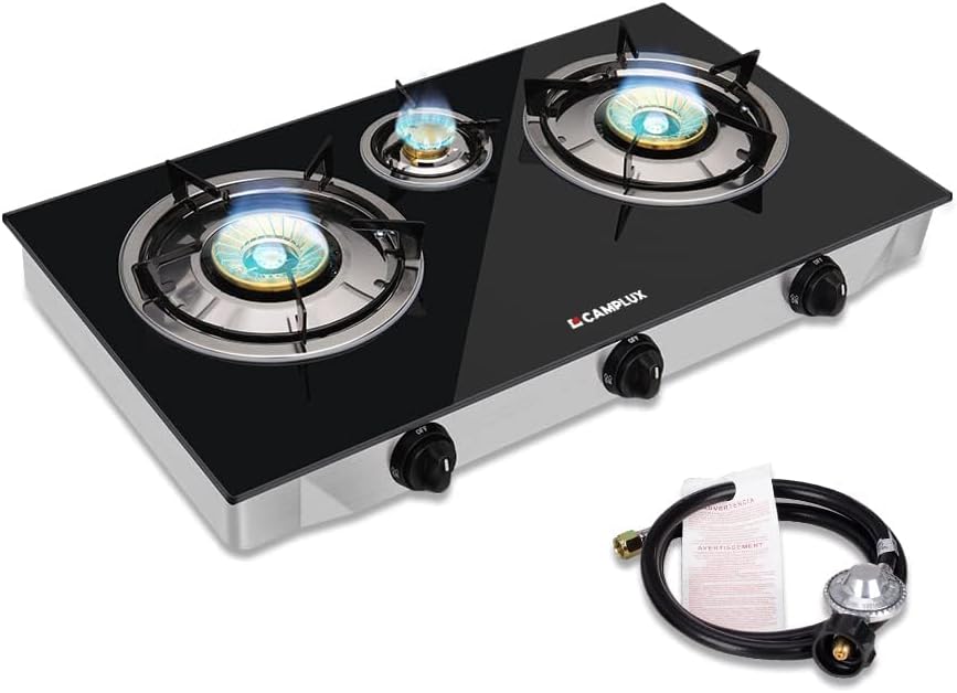 Camplux Propane Gas Stove with 21,600BTU, 3 Burners Propane Stove, Tempered Glass Camping Cooking Stove