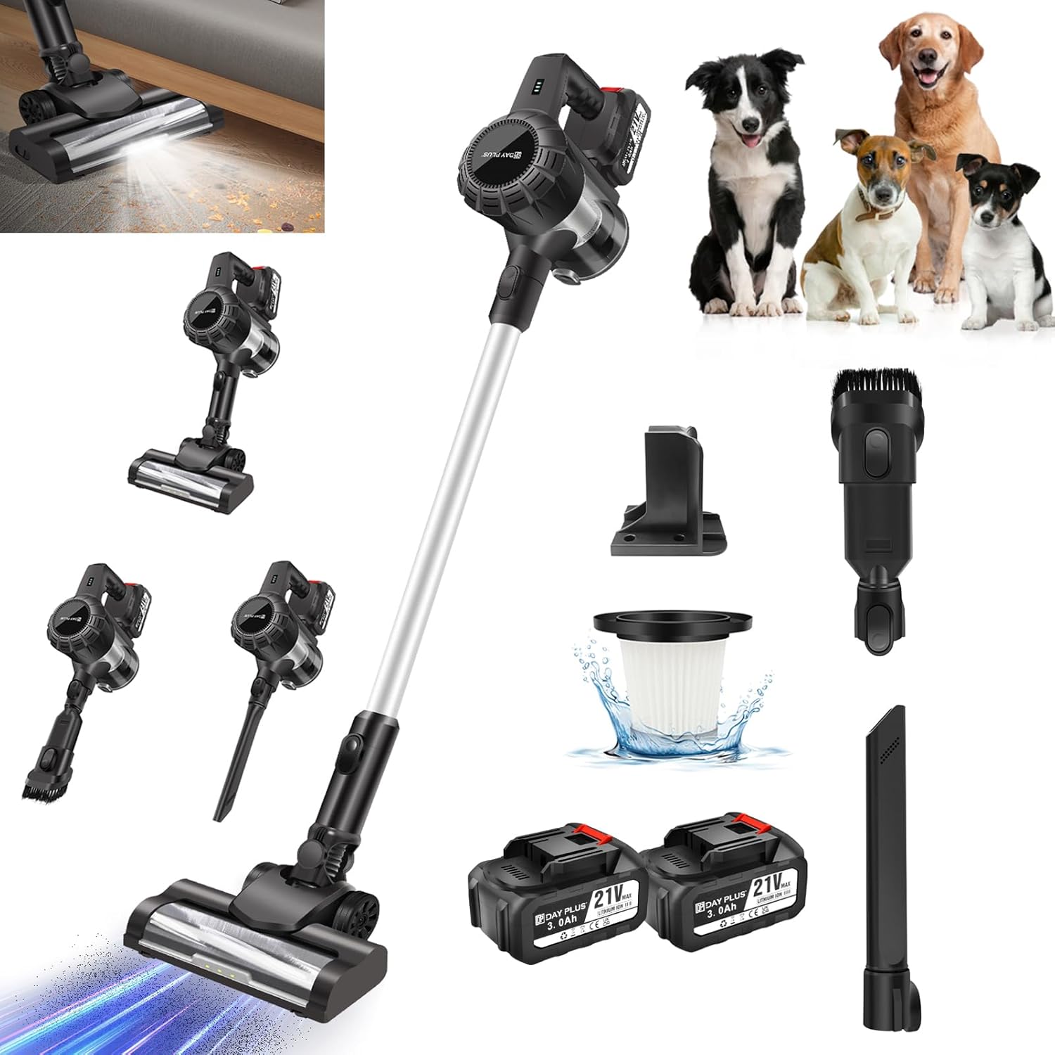 Cordless Vacuum Cleaner, Lightweight Stick Vacuum with Brushless Motor, 15Kpa Powerful Suction, 2* 3000mAh Detachable Battery, LED Floor Lights, Handheld Vacuum Cleaner for Pet Hair/Carpet/Hard Floor