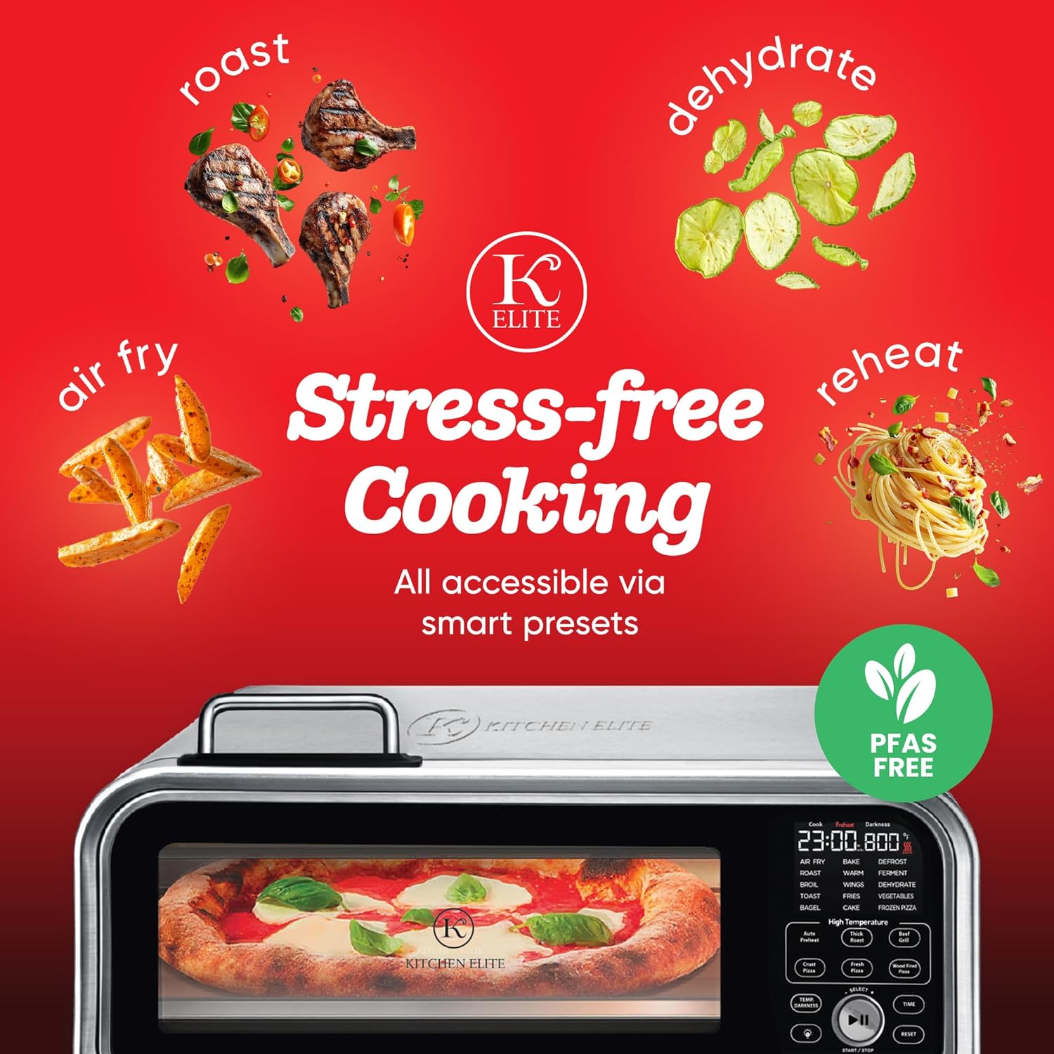 Kitchen Elite 15 in 1 Digital Toaster Oven Air Fryer Combo with Touch Panel and 12 Inch Pizza Capacity, Stainless Steel, Silver