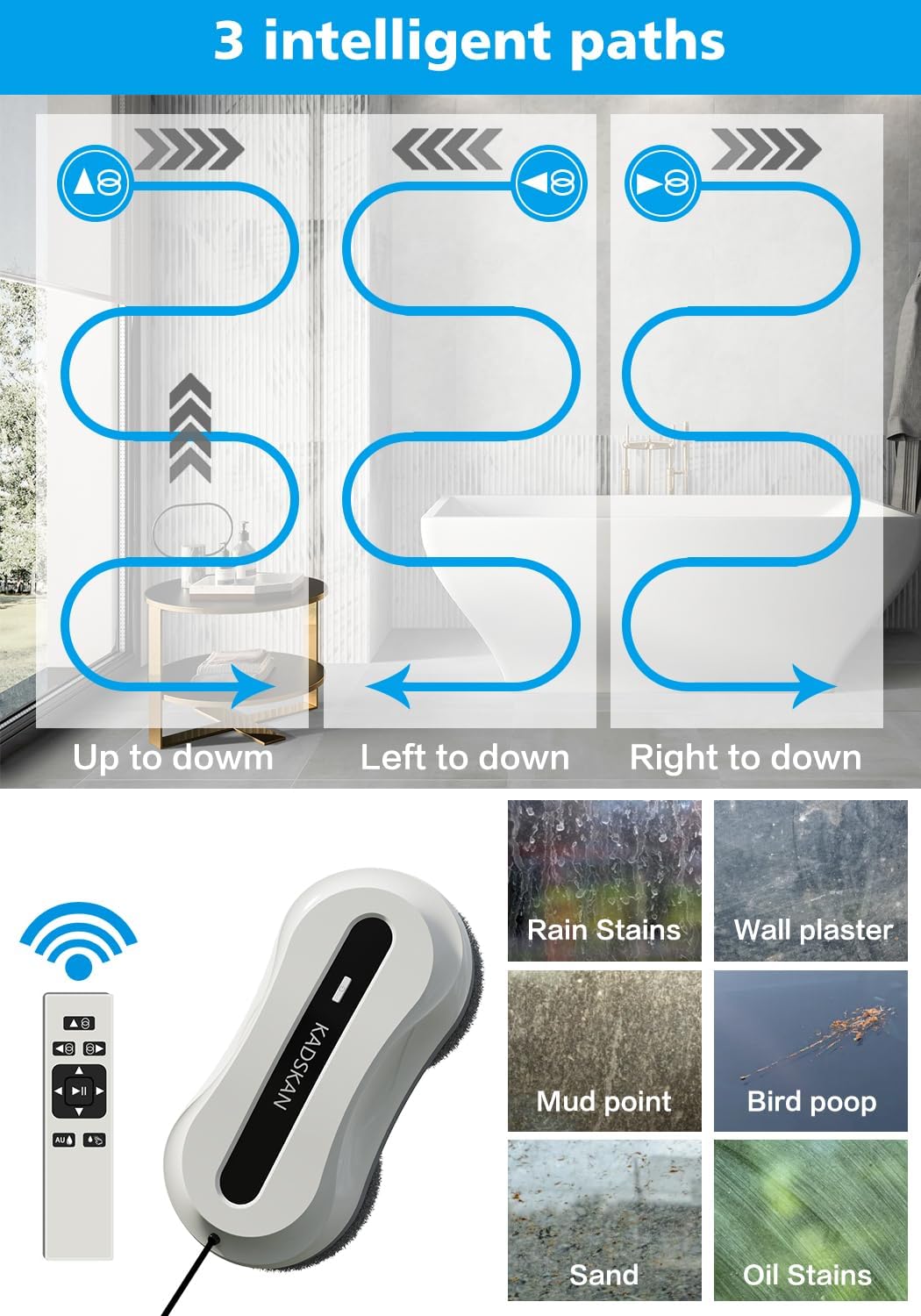 Window Cleaning Robot, Automatic Window Cleaner with Water Spray for Windows/Tiles/Class Door, Inside/Outside, 5600Pa Suction Power, 3.0 Path Planning, Remote Control