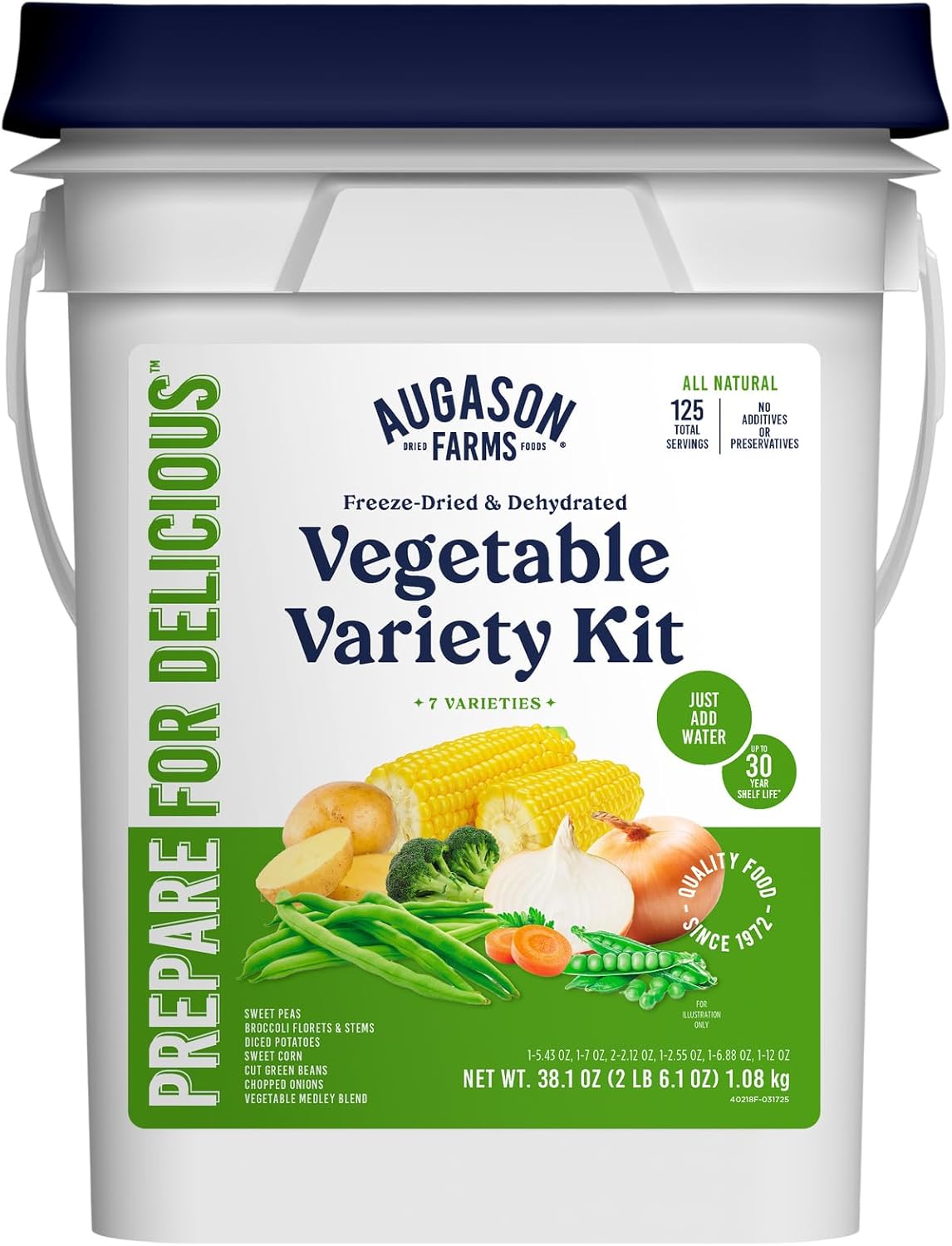 Augason Farms Vegetable Variety Kit Emergency Food Supply, 125 Servings, 30 Year Shelf Life - Dehydrated Vegetables Camping Essentials, Broccoli, Potatoes, Peas, Corn, Green Beans, Onions, and Medley