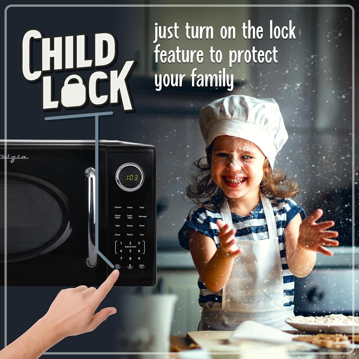 Nostalgia Retro 1000W Microwave Oven 1.1 Cu Ft Capacity – Child Safety Lock, 8 Auto-Cook Settings – Countertop Kitchen Appliance – Black