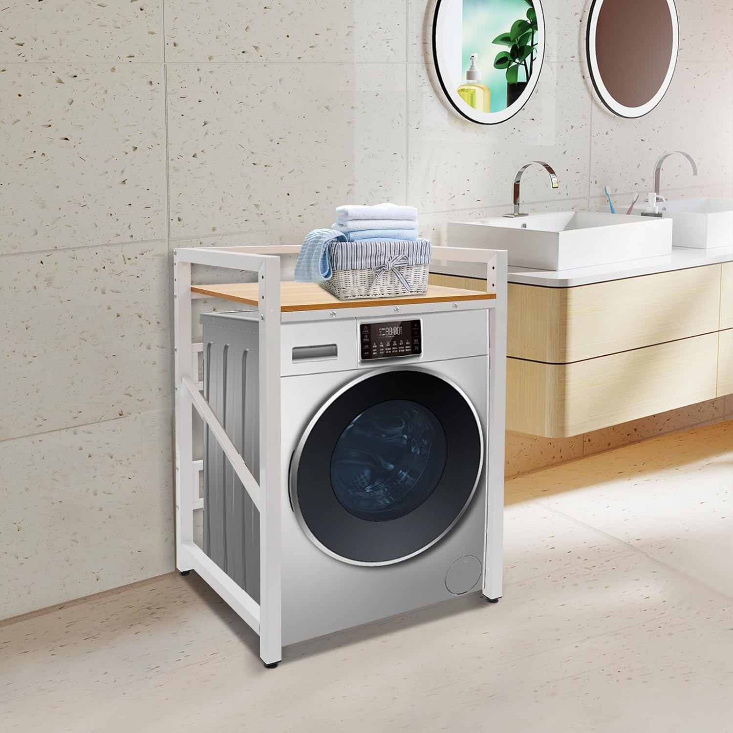 Washer Dryer Stacking Rack Stand, Washing Machine Shelf Over the Washer and Dryer Shelves 3 Level Height Adjustable Storage Shelf Organizer Rack for Laundry Rooms Apartments Bathroom (White Yellow)