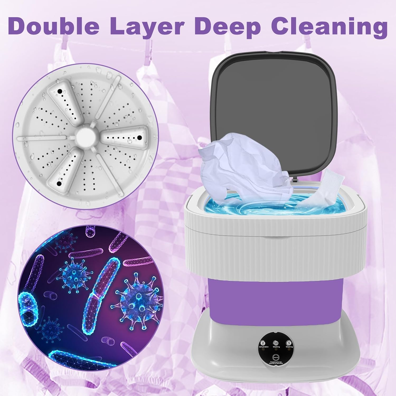 Portable Washing Machine, 16L Foldable Mini Washing Machine & Spin Dryer, Collapible Compact Washer, Small Folding Laundry Washer, Socks, Baby Clothes, Underwear, Dorm, Camping, Apartment, RV, Purple