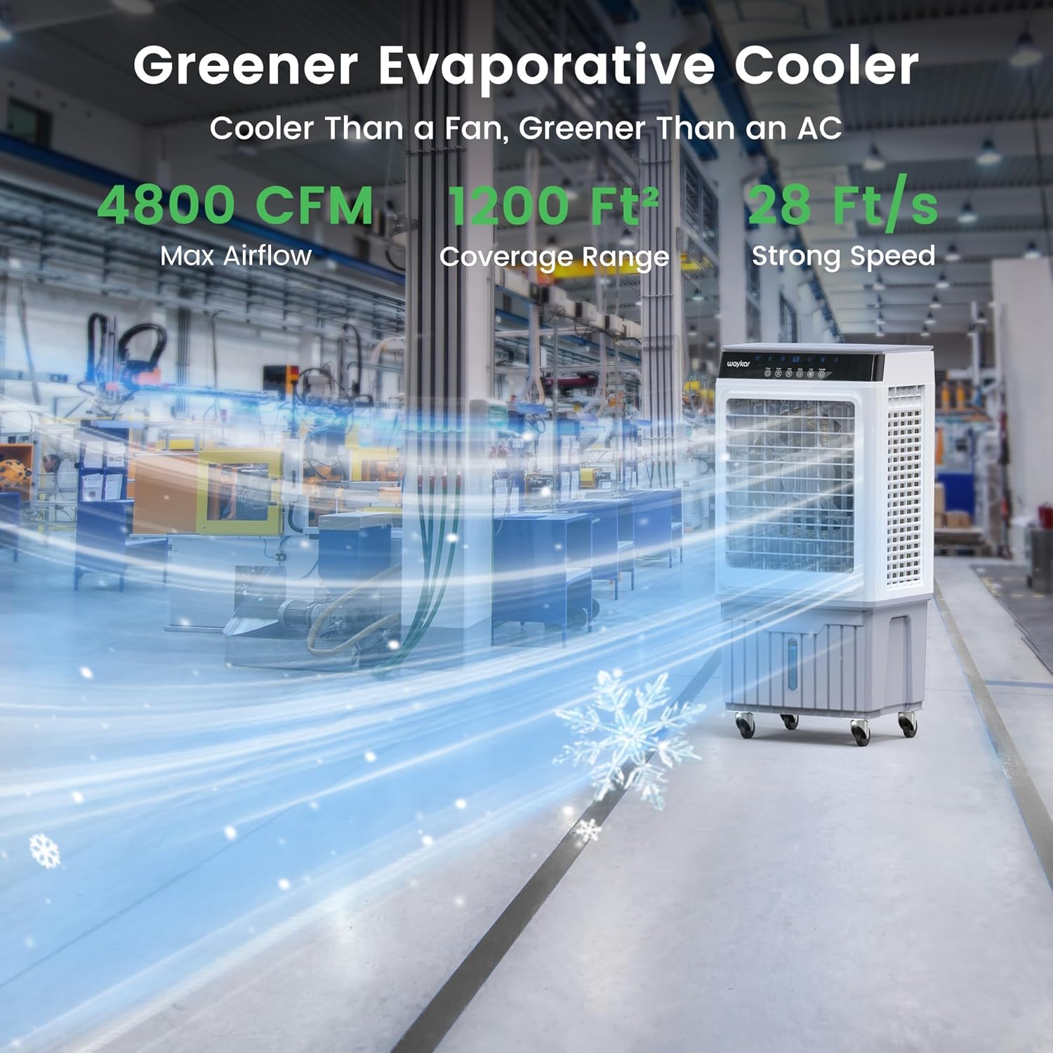 Waykar Swamp Cooler, 4800 CFM Evaporative Air Cooler with 6 Gals Water Tank, 1200 Sq.Ft. Portable Air Conditioner with 4 Ice Pack, 120°/60°Oscillation, 3 Models for Garage, Yard, Commercial Use