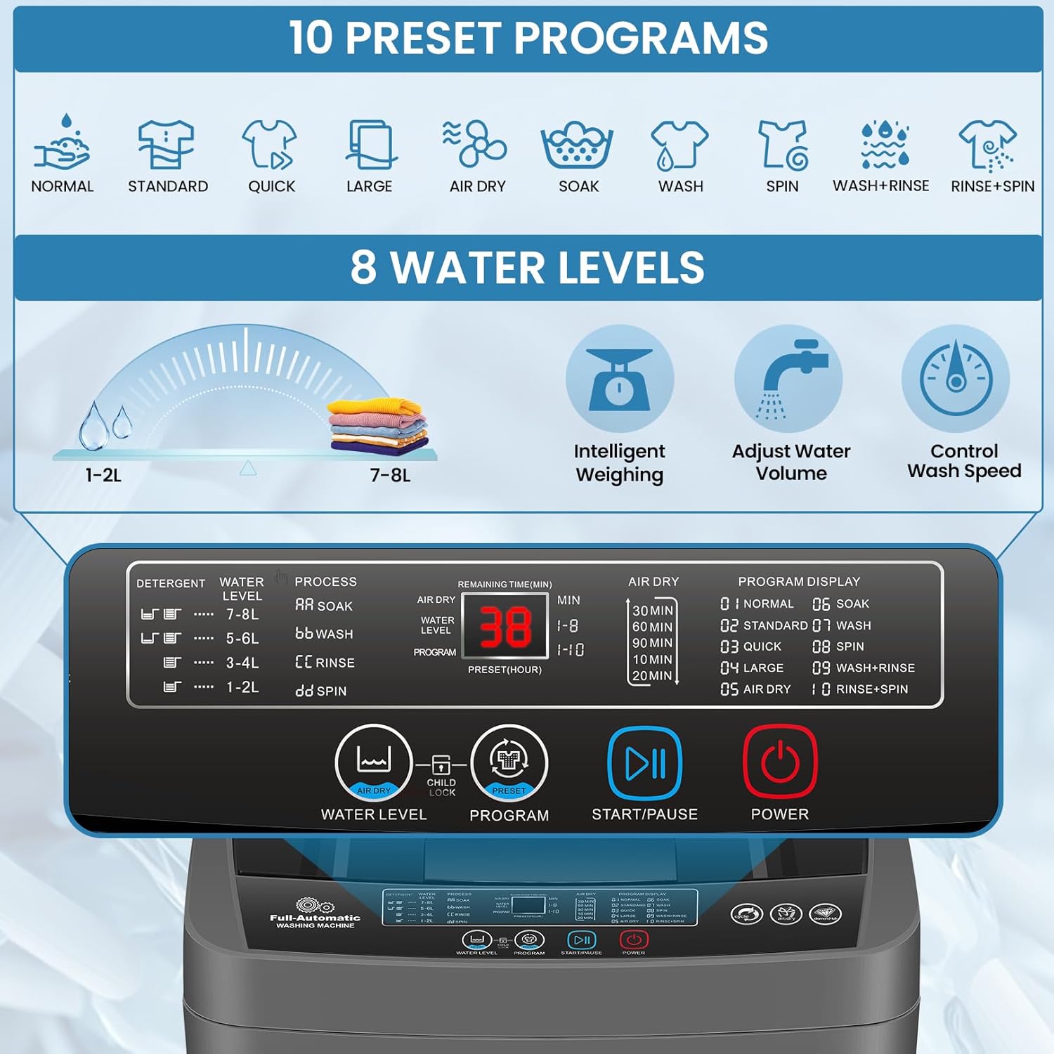 Nictemaw Portable Washing Machine 17.8Lbs Portable Washer with Drain Pump, 2.4 Cu.ft Compact Washer Machine with 10 Programs 8 Water Levels, Compact Laundry Machine for Apartment, Home, Dorms, Rv