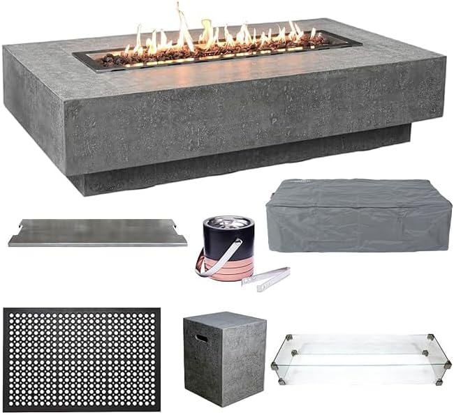 Elementi Hampton Fire Pit Bundle Outdoor Firepit Set Includes 56” Propane Concrete Firepit Table, Glass Windscreen, Stainless Steel Cover, Tank Cover, Canvas Cover, Floor Mat, Ice Bucket