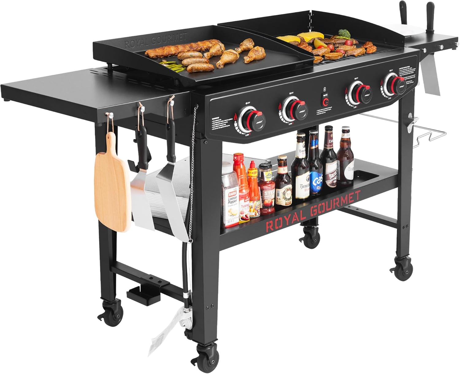 4-Burner Propane Gas Grill and Griddle Combo with Grilling Gear, 296 Sq. In. & 314 Sq. In., Heavy-duty and Portable for Outdoor Cooking, Black, GD405A-SC