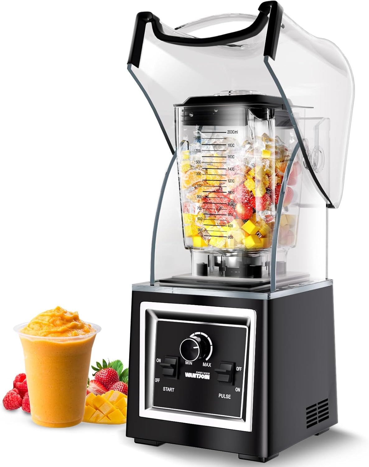 WantJoin Professional Commercial Blender - 2000W High-Power Soundproof & Quiet Blender with Removable Shield, 67oz Large Capacity for Smoothies, Shakes, Frozen Drinks & Kitchen Use (Gray)