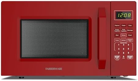 Farberware FMO11WEIRD 1.1 Cu. Ft. 1000-Watt Compact Microwave Oven, Red – Stylish Countertop Microwave with Child-Lock, Reheat Function, Express Cook, and Kitchen Timer