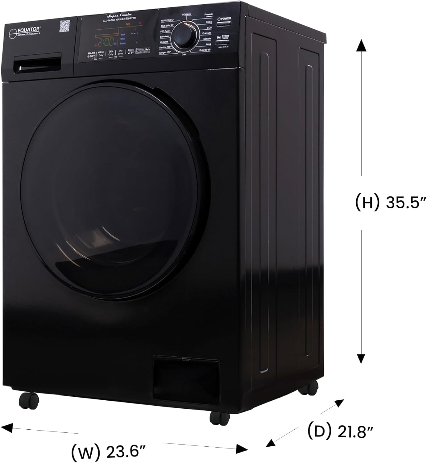 Equator All-in-One Washer Dryer VENTLESS/VENTED PET cycle 1.62cf/15lbs+Portability Kit in BLACK
