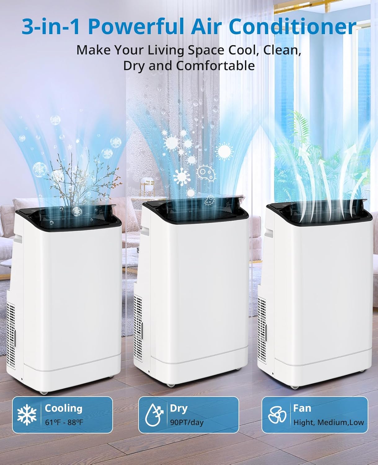 14000 BTU Portable Air Conditioner Cooling Up to 750 Sq.Ft, 3-In-1 Functionality (Cool/Fan/Dehumidify), Portable AC With Wheels, Remote Control, 24 Hour Timer, Fan & Dehumidifier