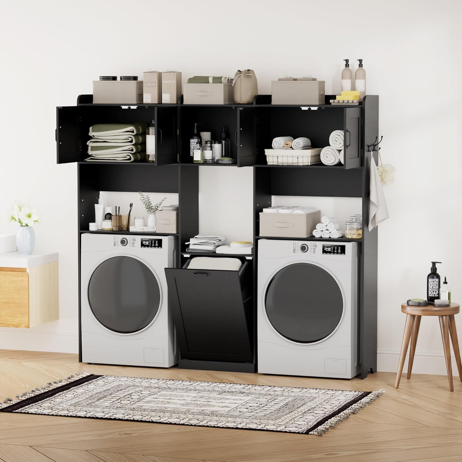 Over The Washer and Dryer Storage Cabinet, Laundry Room Organizer Standing Shelf with Tilt-Out Laundry Hamper Cabinet and Hooks, Space Saving Laundry Room Cabinets