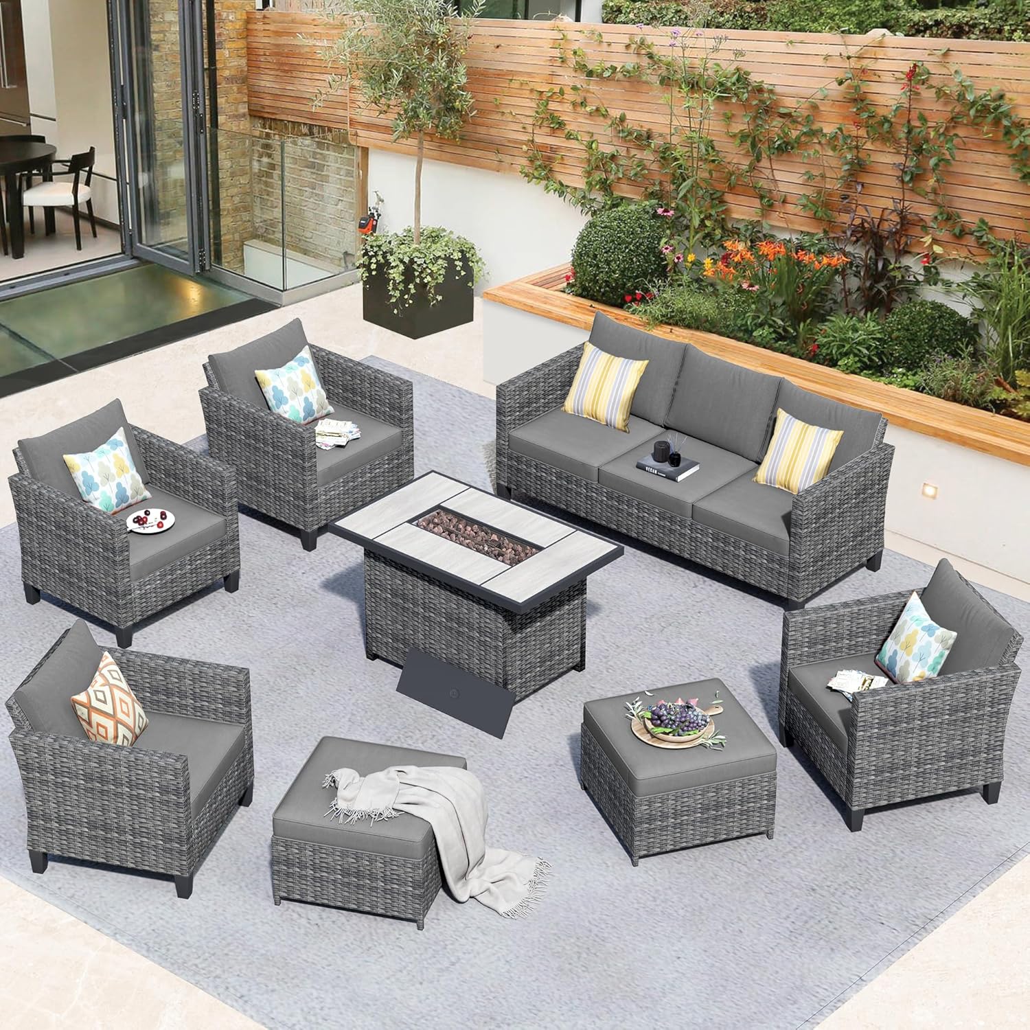 HOOOWOOO Outdoor Patio Furniture Set with Large Fire Pit Table,8 Piece Modern Wicker Couch Sofa Set with Ottoman, Outside All Weather Rattan Conversation Seating Set with Tilt Back(Dark Gray)