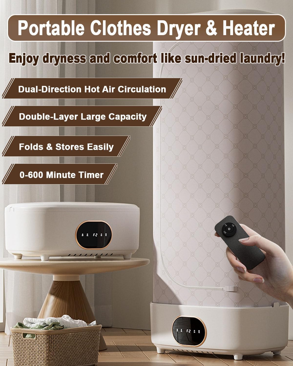 Compact Clothes Dryer Machine with Heater Function, Space-Saving Foldable Clothes Drying Rack, for Travel, Balcony, and Walk-in Closets, Touch + Remote Control, Dual-Layer Design