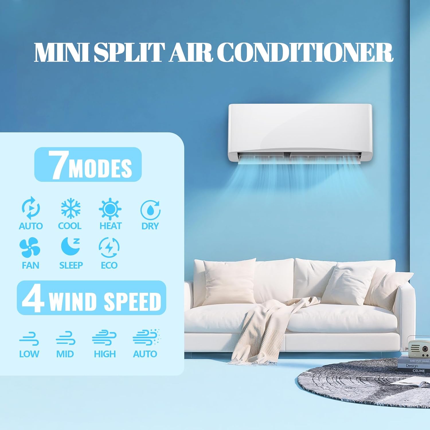 9000 BTU Mini Split Air Conditioner/Heater with Heat Pump 17 SEER2 115V Split AC Unit, Max Coverage Area Up to 450 Sq. Ft, Remote Control, Multiple Modes White