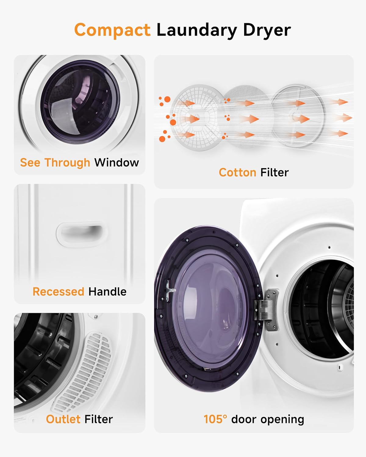 21.1 LBS Compact Laundry Dryer, 3.5 cu ft Front Load Stainless Steel Clothes Dryers With Exhaust Pipe, 1500W, LCD Control Panel, 4 Function Portable Dryer For Apartments, Home, Dorm, White