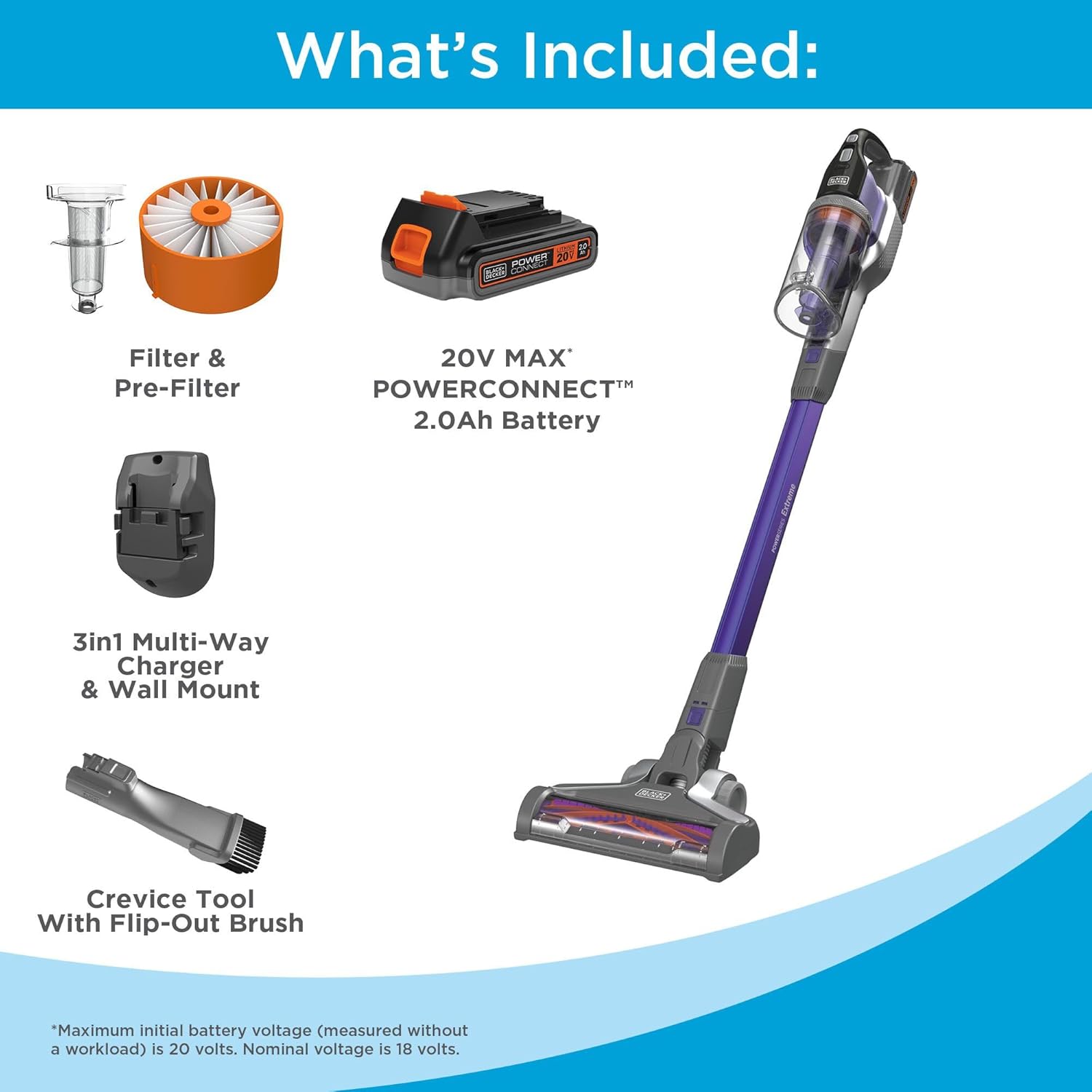 BLACK+DECKER Pet Hair Vacuum, Cordless Vacuum Cleaner Pet Hair, Up to 55 Minutes of Runtime, Interchangeable Floorhead, Maximum Suction, Multi-Surface, Light Weight, Powerseries Extreme (BSV2020P)