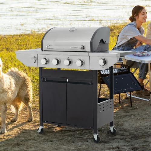 Stainless Steel 4-Burner Propane Gas Grill with Side Burner, 46,500 BTU BBQ for Outdoor Cooking, Patio & Garden – Black & Silver Finish