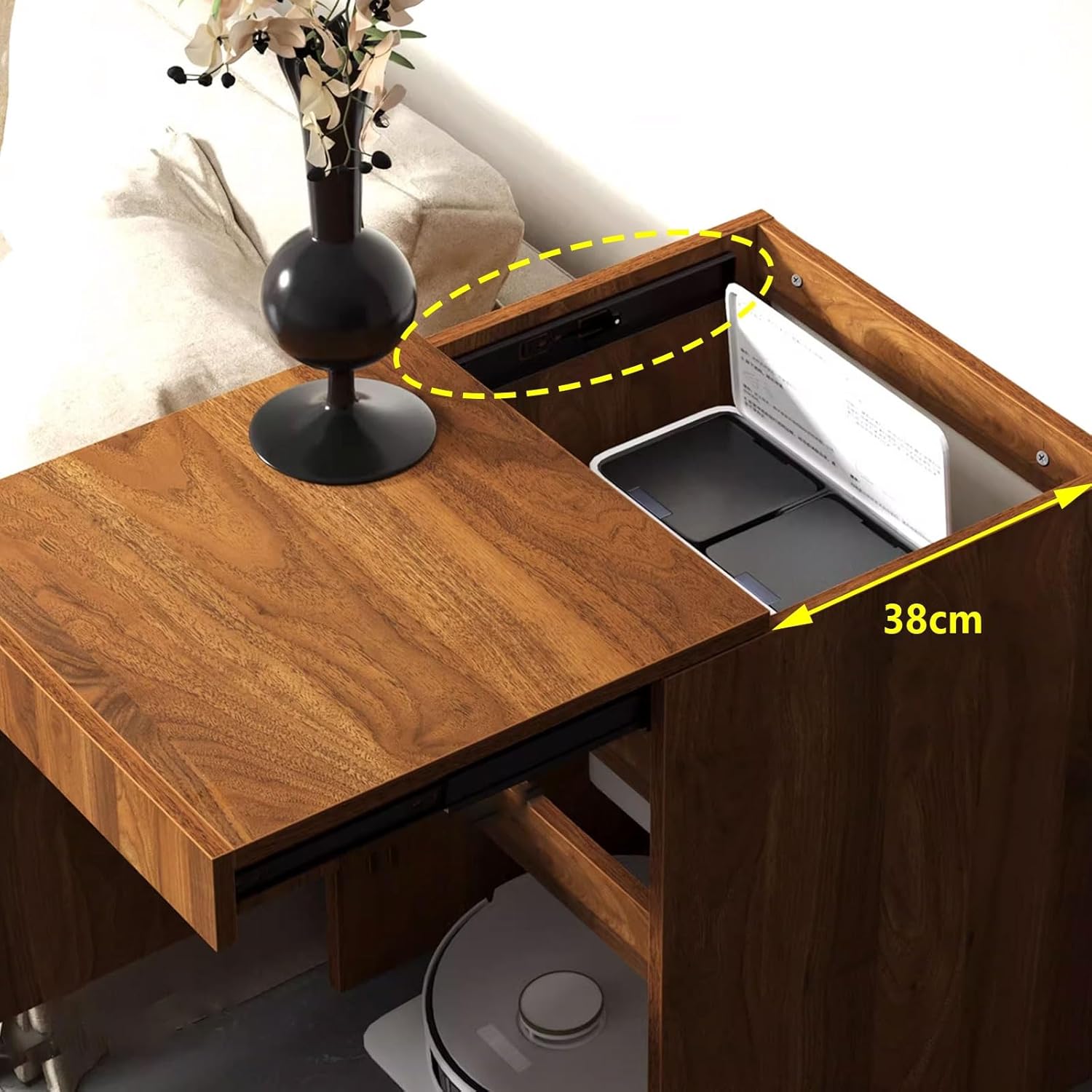 Robot Vacuum Hidden Cabinet Wood Organizer Stand for Robotic Vacuum Pull-Out Countertop Design Storage Cabinet Can Be Fixed on The Wall Easy to Assemble(Natural)