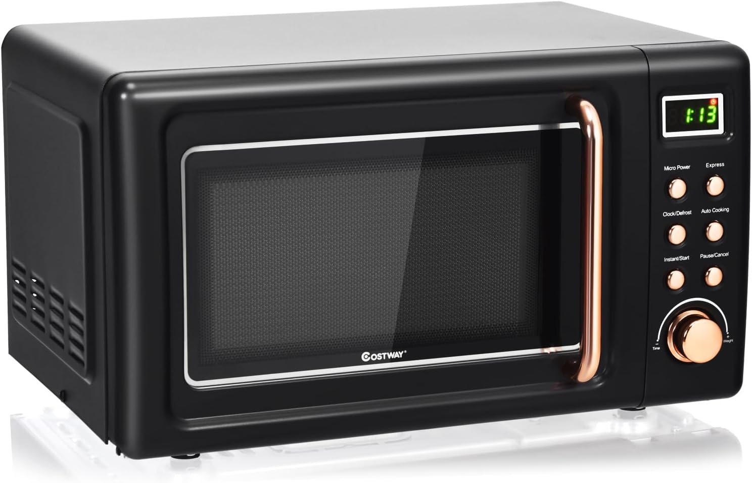 COSTWAY Retro Countertop Microwave Oven, 0.7Cu.ft, 700-Watt, High Energy Efficiency, 5 Micro Power, Delayed Start Function, with Glass Turntable & Viewing Window, LED Display, Child Lock (Gold)
