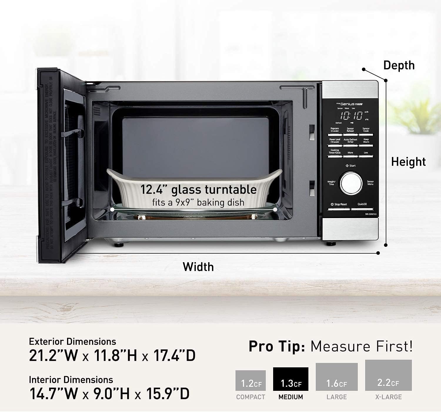 Panasonic NN-SD67LS Countertop Microwave Oven, 1100 Watt with Genius Sensor Cook and Auto Defrost, 1.3 cft, Popcorn Button Stainless Steel (Renewed)