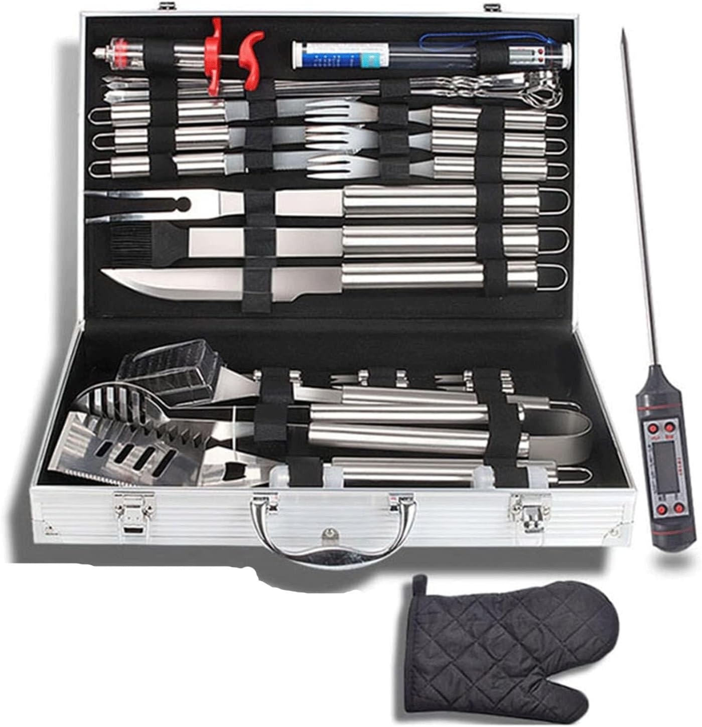 BBQ Grill Tools Set, Stainless Steel BBQ Accessories with Meat Thermometer & Injector, Complete Grill Kit for Foodies, Cooks, & Camping Lovers