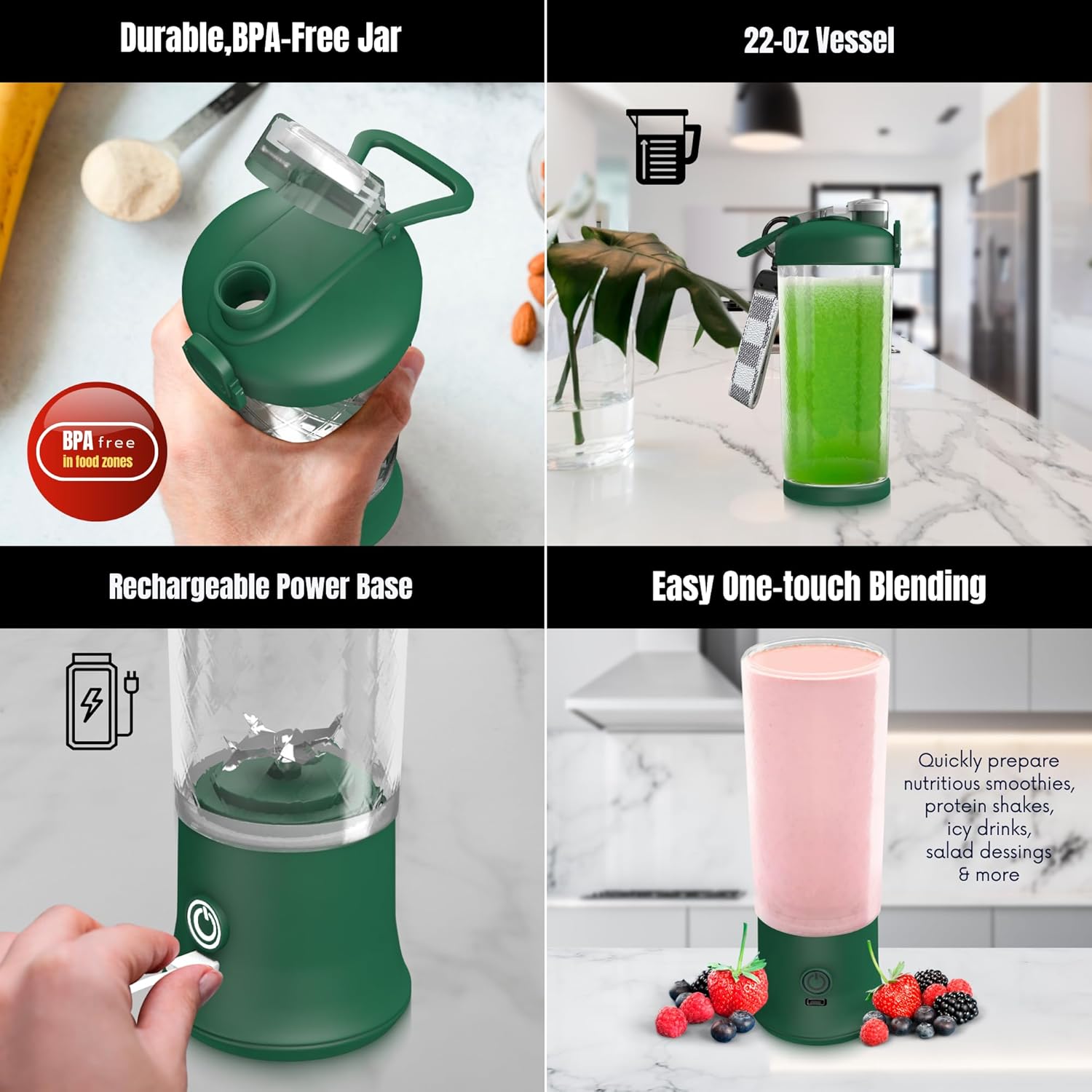 SSKAWorldwide Portable Blender - 21oz Smoothie Blender Rechargeable Small Blender with 6 Blades Personal Blender for Home Office Gym Sports and Travel (Green)
