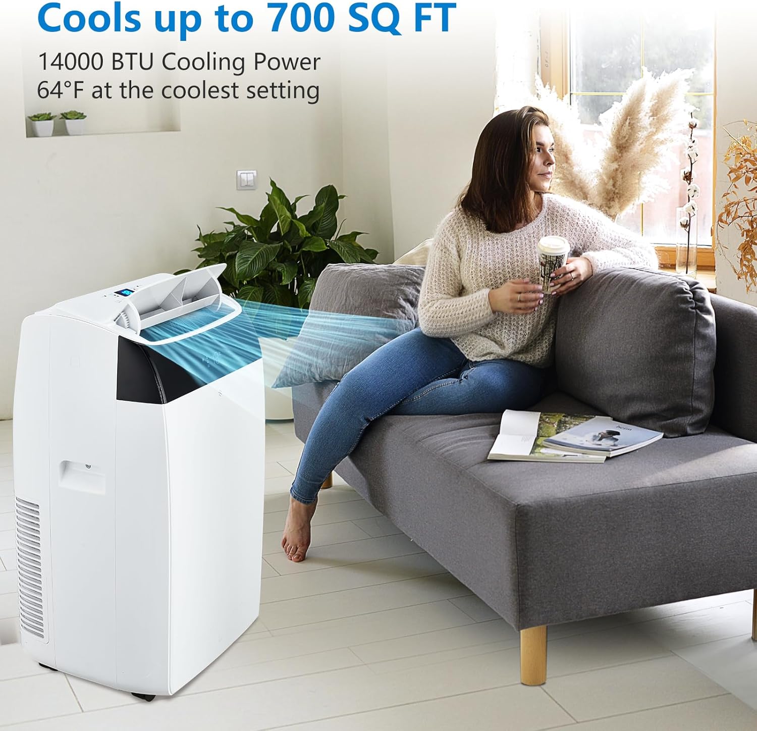 14,000 BTU Portable Air Conditioner with Built-In Dehumidifier, Easy to Move Small AC Unit with Remote Control, Window Mount Exhaust Kit, for Rooms Up to 750 Sq. Ft.