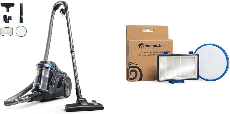 Vacmaster CC0501 Ultra Silent Bagless Canister Vacuum + 952860 Filter Kit, 1 HEPA Media Exhaust Filter and 1 Washable Pre-Filter