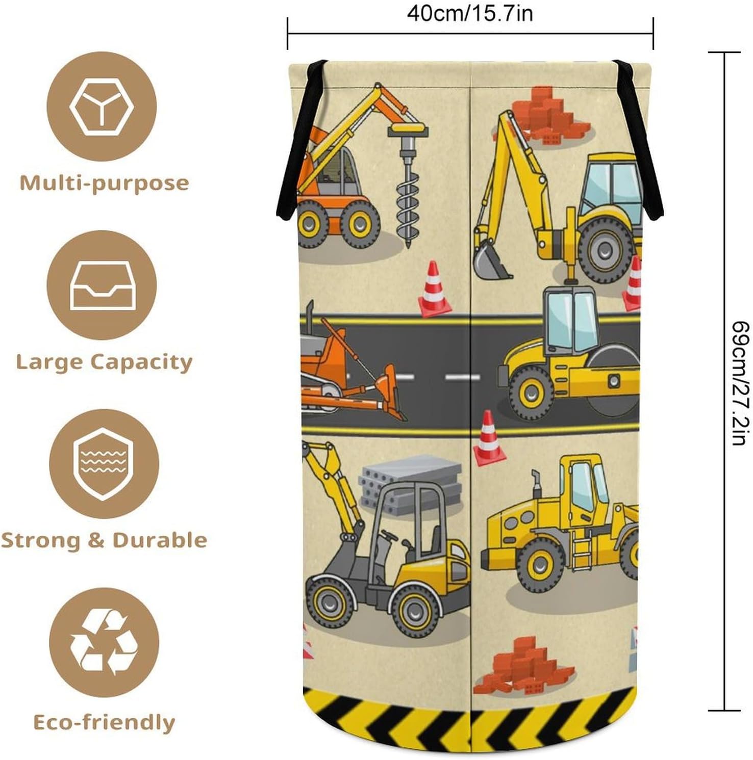 Modern Cartoon Construction Truck Laundry Basket Large Volume,Abstract City Engineering Machine Excavator Bulldozer Prints Dirty Clothes Basket Hampers Storage for Dorm And Family 15.7W