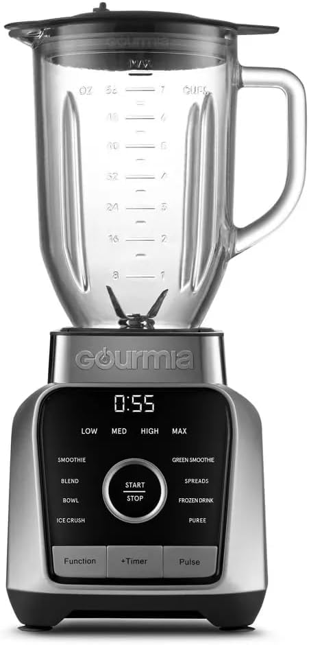 Gourmiia Digital Blender 38oz Glass Jar – 8 Auto Blend Programs, 4 Speeds, Pulse & Tamper – Ice Crusher, Smoothie Maker, BPA-Free, Easy-Clean, High-Speed Countertop Blender – Gray